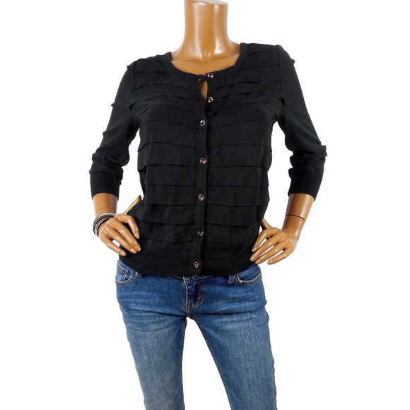 Michael Kors Sweaters - MICHAEL KORS L Top Black Button Down Cardigan Sweater Party 3/4 Sleeves Layers